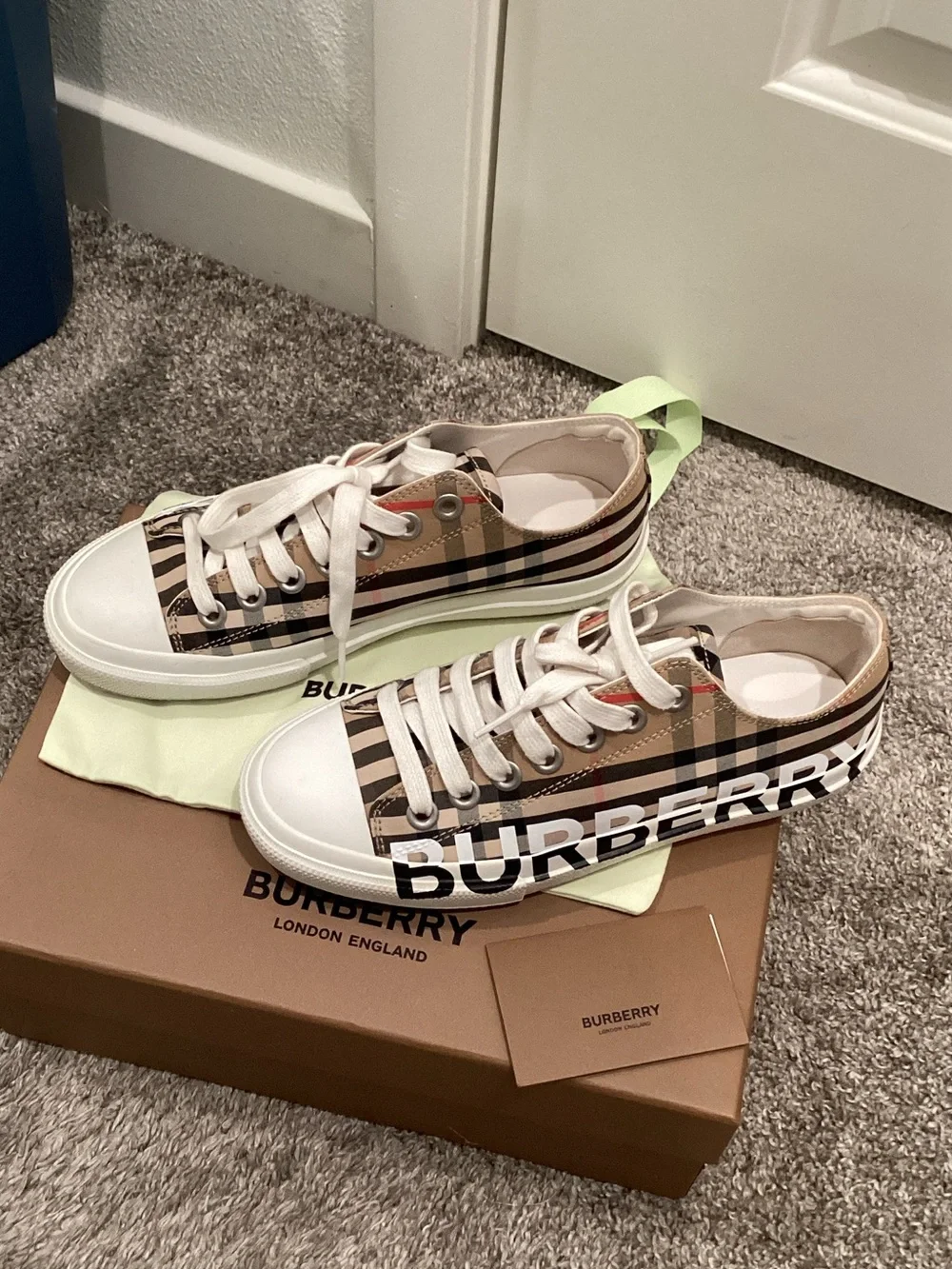 Burberry Tan Vintage Check Low-Top Sneakers with White Soles